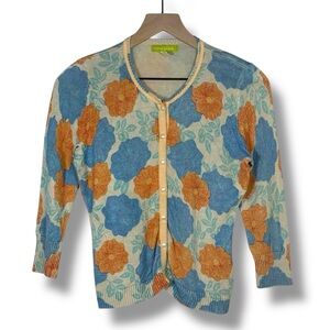 Sigrid Olsen Silk Blend Floral Knit Cardigan Size S Pearl Button 3/4 Sleeve